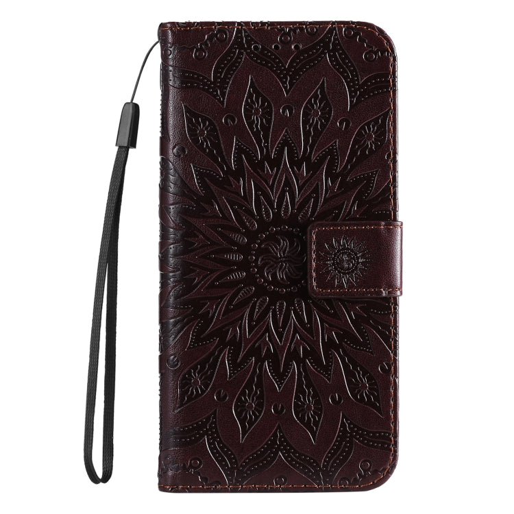 For iPhone 16 Plus Embossed Sunflower Pattern Flip Leather Phone Case(Brown) - iPhone 16 Plus Cases by buy2fix | Online Shopping UK | buy2fix