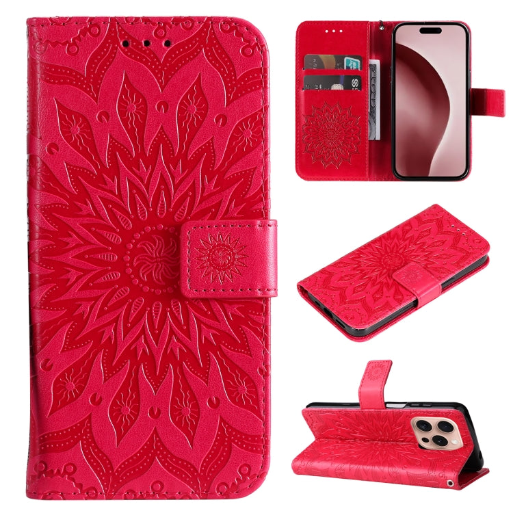 For iPhone 16 Pro Embossed Sunflower Pattern Flip Leather Phone Case(Red) - iPhone 16 Pro Cases by buy2fix | Online Shopping UK | buy2fix