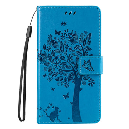 For iPhone SE 2024 Tree & Cat Embossed Pattern Flip Leather Phone Case(Blue) - More iPhone Cases by buy2fix | Online Shopping UK | buy2fix