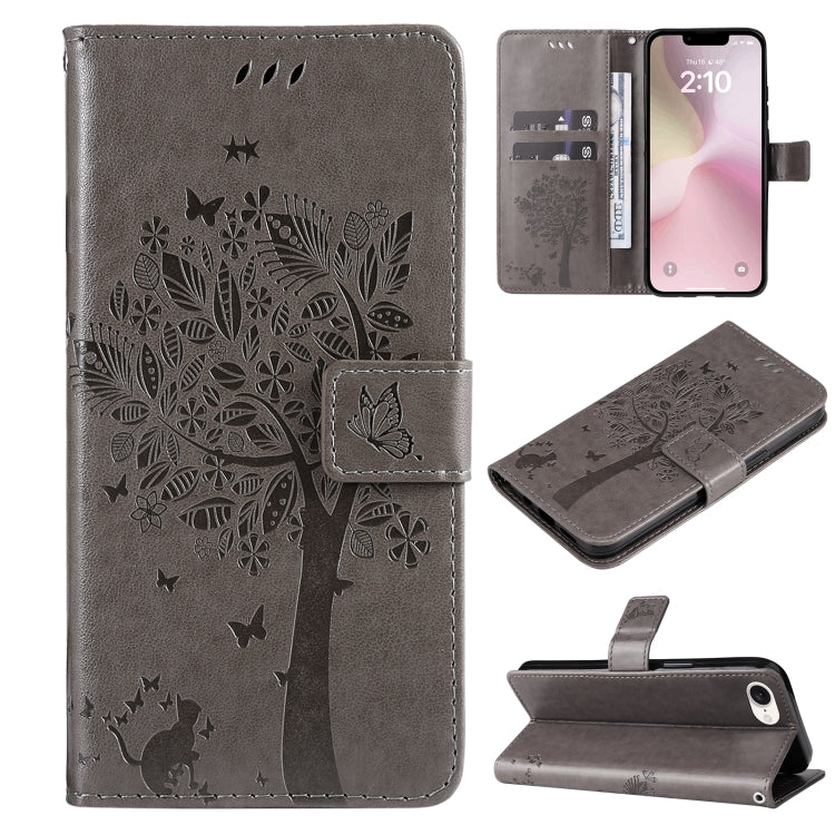 For iPhone SE 2024 Tree & Cat Embossed Pattern Flip Leather Phone Case(Grey) - More iPhone Cases by buy2fix | Online Shopping UK | buy2fix