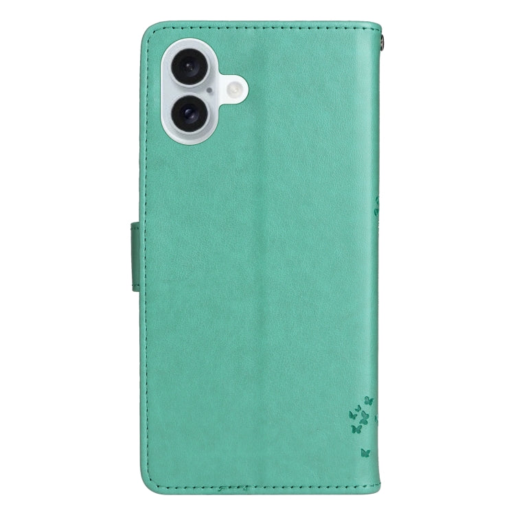 For iPhone 16 Plus Tree & Cat Embossed Pattern Flip Leather Phone Case(Green) - iPhone 16 Plus Cases by buy2fix | Online Shopping UK | buy2fix