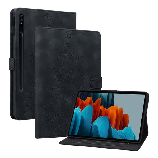 For Samsung Galaxy Tab S7 FE/S8+/S7+ Lily Embossed Leather Tablet Case(Black) - Tab S7+ T970 / T976B by buy2fix | Online Shopping UK | buy2fix