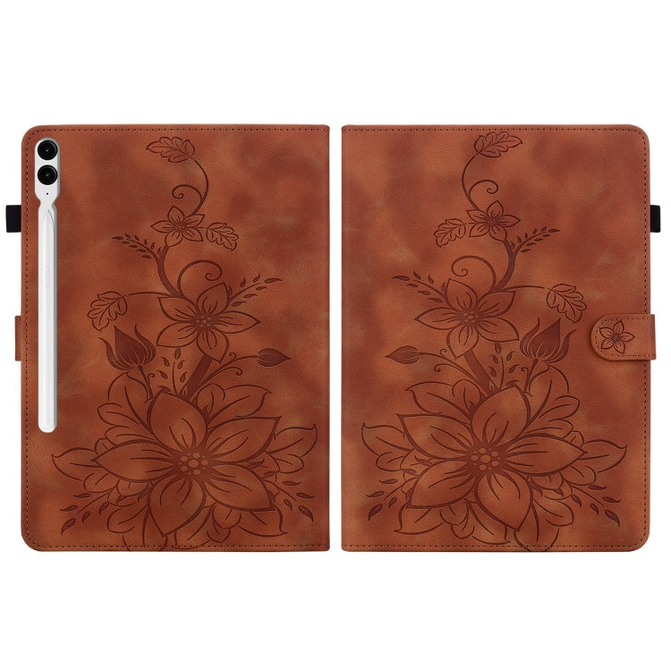 For Samsung Galaxy Tab S9+ / S9 FE+ Lily Embossed Leather Tablet Case(Brown) - Galaxy Tab S9+ Cases by buy2fix | Online Shopping UK | buy2fix