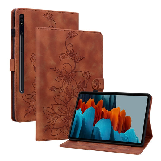 For Samsung Galaxy Tab S7 / S8 Lily Embossed Leather Tablet Case(Brown) - Galaxy Tab S8 Cases by buy2fix | Online Shopping UK | buy2fix