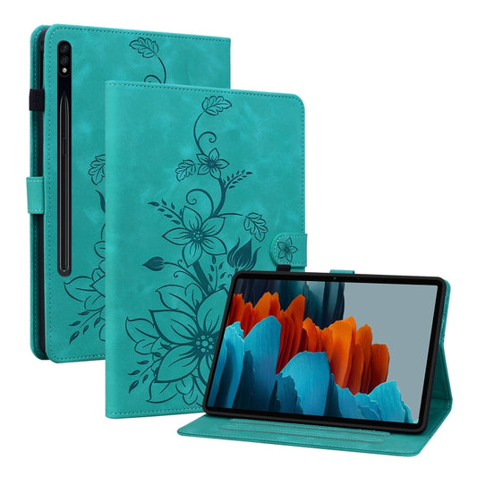 For Samsung Galaxy Tab S7 / S8 Lily Embossed Leather Tablet Case(Green) - Galaxy Tab S8 Cases by buy2fix | Online Shopping UK | buy2fix