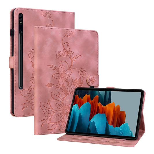 For Samsung Galaxy Tab S7 / S8 Lily Embossed Leather Tablet Case(Pink) - Galaxy Tab S8 Cases by buy2fix | Online Shopping UK | buy2fix