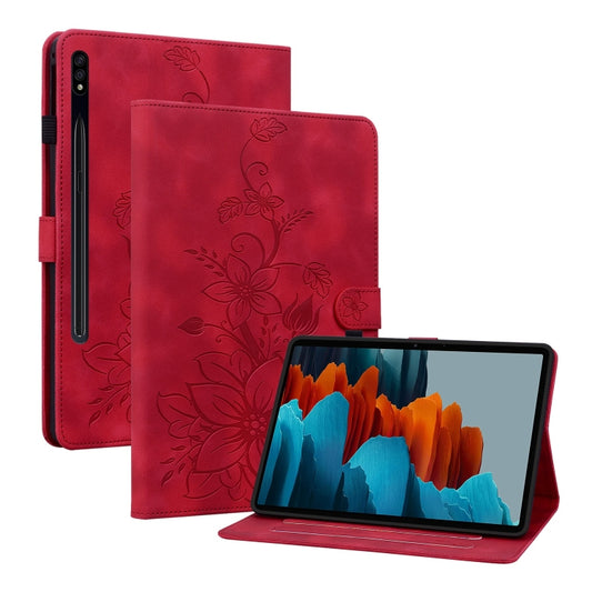 For Samsung Galaxy Tab S7 / S8 Lily Embossed Leather Tablet Case(Red) - Galaxy Tab S8 Cases by buy2fix | Online Shopping UK | buy2fix