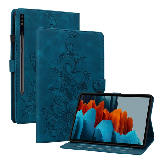 For Samsung Galaxy Tab S7 / S8 Lily Embossed Leather Tablet Case(Dark Blue) - Galaxy Tab S8 Cases by buy2fix | Online Shopping UK | buy2fix