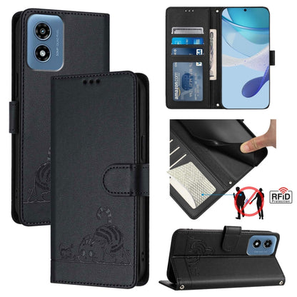 For Motorola Moto G 5G 2024 Global Cat Rat Embossed Pattern RFID Leather Phone Case with Lanyard(Black) - Motorola Cases by buy2fix | Online Shopping UK | buy2fix