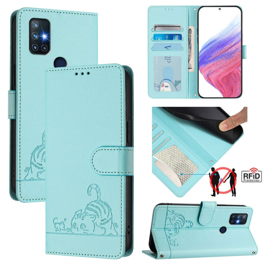 For OnePlus Nord N10 5G Cat Rat Embossed Pattern RFID Leather Phone Case with Lanyard(Mint Green) - OnePlus Cases by buy2fix | Online Shopping UK | buy2fix