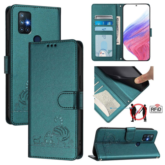 For OnePlus Nord N10 5G Cat Rat Embossed Pattern RFID Leather Phone Case with Lanyard(Peacock Green) - OnePlus Cases by buy2fix | Online Shopping UK | buy2fix