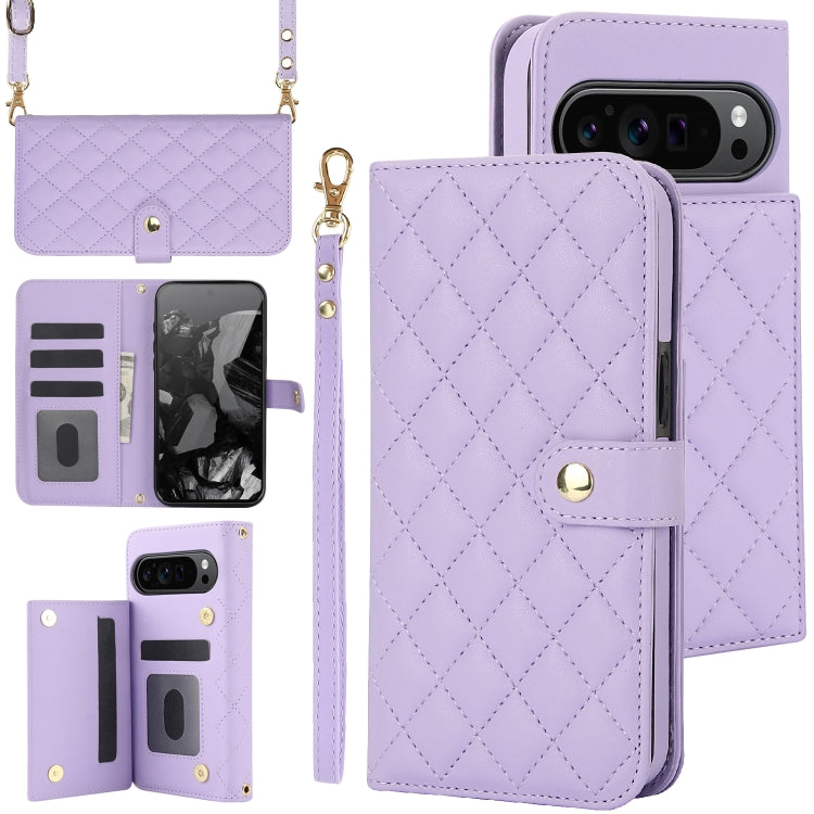 For Google Pixel 9 Pro XL Crossbody Multifunction Rhombic Leather Phone Case(Purple) - Google Cases by buy2fix | Online Shopping UK | buy2fix