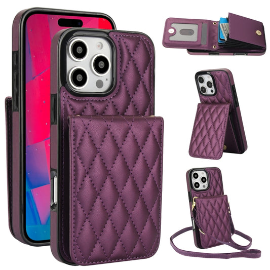 For iPhone 16 Pro YM015 Crossbody Rhombic Card Bag RFID Phone Case(Dark Purple) - iPhone 16 Pro Cases by buy2fix | Online Shopping UK | buy2fix