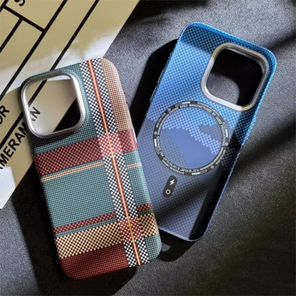 For iPhone 15 Kevlar Carbon Fiber Texture MagSafe Magnetic Phone Case(Red Blue Checkered) - iPhone 15 Cases by buy2fix | Online Shopping UK | buy2fix