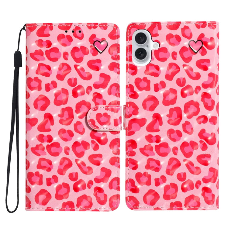 For iPhone 16 3D Pattern Leather Phone Case(Pink Leopard Print) - iPhone 16 Cases by buy2fix | Online Shopping UK | buy2fix