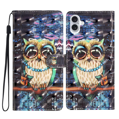 For iPhone 16 3D Pattern Leather Phone Case(Big-eyed owl) - iPhone 16 Cases by buy2fix | Online Shopping UK | buy2fix