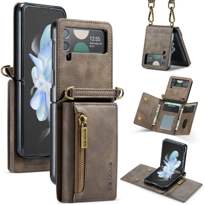 For Samsung Galaxy Z Flip4 5G DG.MING M5 Series Zip RFID Multi Card Detachable Leather Phone Case with Long Lanyard(Coffee) - Galaxy Z Flip4 5G Cases by DG.MING | Online Shopping UK | buy2fix