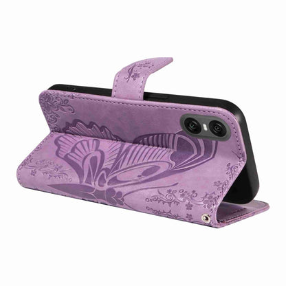 For Sony Xperia 10 VI 2024 Swallowtail Butterfly Embossed Leather Phone Case(Purple) - Sony Cases by buy2fix | Online Shopping UK | buy2fix