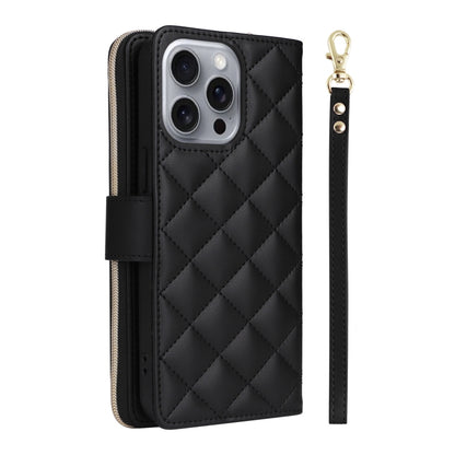 For iPhone 16 Pro Max Crossbody Rhombic Zipper Tower Buckle Leather Phone Case with Lanyard(Black) - iPhone 16 Pro Max Cases by buy2fix | Online Shopping UK | buy2fix