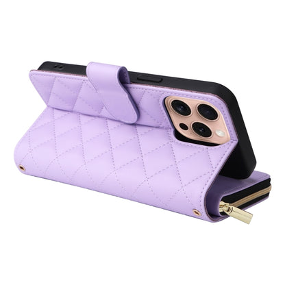 For iPhone 16 Pro Crossbody Rhombic Zipper Tower Buckle Leather Phone Case with Lanyard(Purple) - iPhone 16 Pro Cases by buy2fix | Online Shopping UK | buy2fix