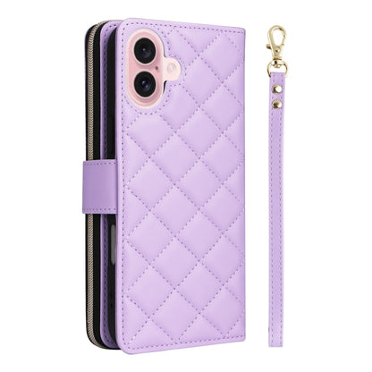 For iPhone 16 Crossbody Rhombic Zipper Tower Buckle Leather Phone Case with Lanyard(Purple) - iPhone 16 Cases by buy2fix | Online Shopping UK | buy2fix