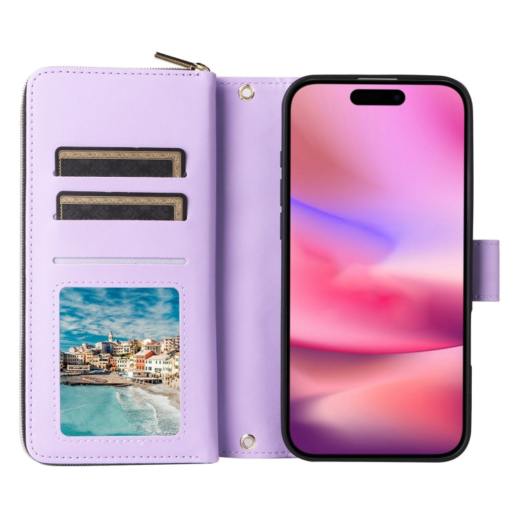 For iPhone 16 Crossbody Rhombic Zipper Tower Buckle Leather Phone Case with Lanyard(Purple) - iPhone 16 Cases by buy2fix | Online Shopping UK | buy2fix