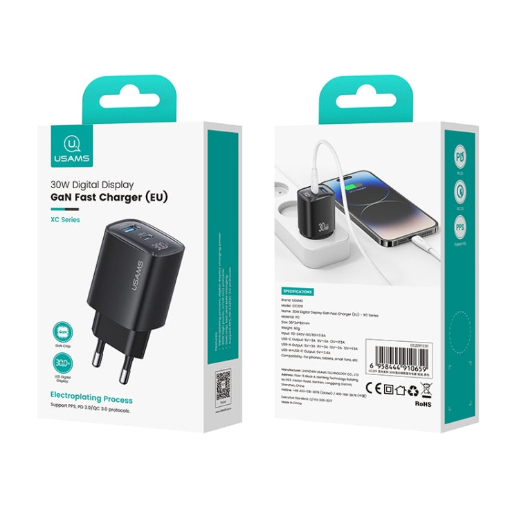 USAMS CC229 30W USB+USB-C / Type-C Dual Port GaN Digital Display Charger, Specifications: EU Plug(Black) - USB Charger by USAMS | Online Shopping UK | buy2fix