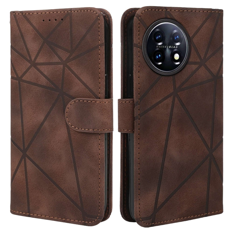 For OnePlus 11 Skin Feel Geometric Lines Leather Phone Case(Brown) - OnePlus Cases by buy2fix | Online Shopping UK | buy2fix