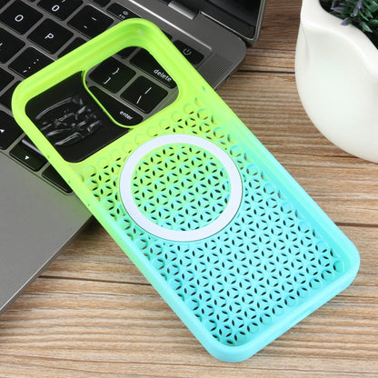 For iPhone 14 Gradient Color Honeycomb Aromatherapy MagSafe Phone Case(Green Blue) - iPhone 14 Cases by buy2fix | Online Shopping UK | buy2fix