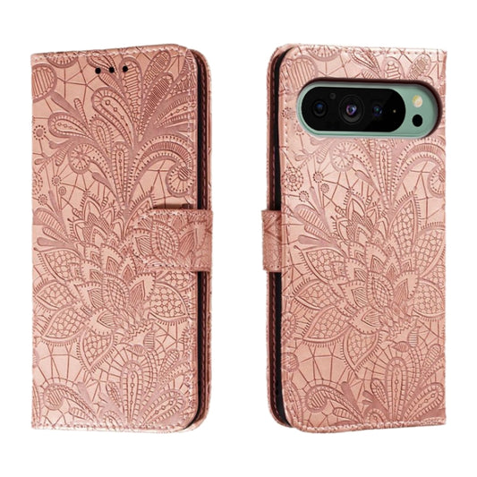 For Google Pixel 9 Lace Flower Embossing Flip Leather Phone Case(Rose Gold) - Google Cases by buy2fix | Online Shopping UK | buy2fix