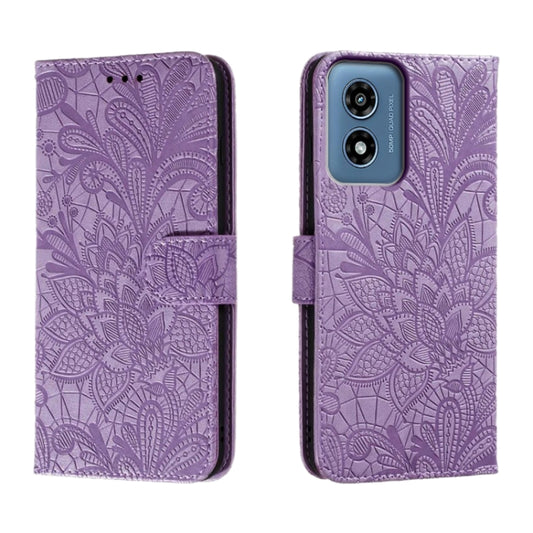 For Motorola Moto G Play 2024 Lace Flower Embossing Flip Leather Phone Case(Purple) - Motorola Cases by buy2fix | Online Shopping UK | buy2fix