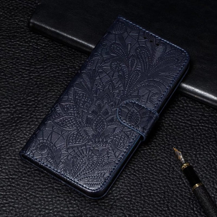 For Motorola Moto G Play 2024 Lace Flower Embossing Flip Leather Phone Case(Dark Blue) - Motorola Cases by buy2fix | Online Shopping UK | buy2fix