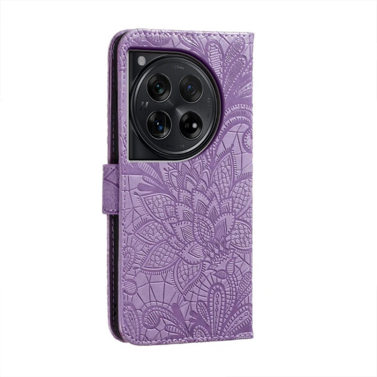 For OnePlus 12 Lace Flower Embossing Flip Leather Phone Case(Purple) - OnePlus Cases by buy2fix | Online Shopping UK | buy2fix