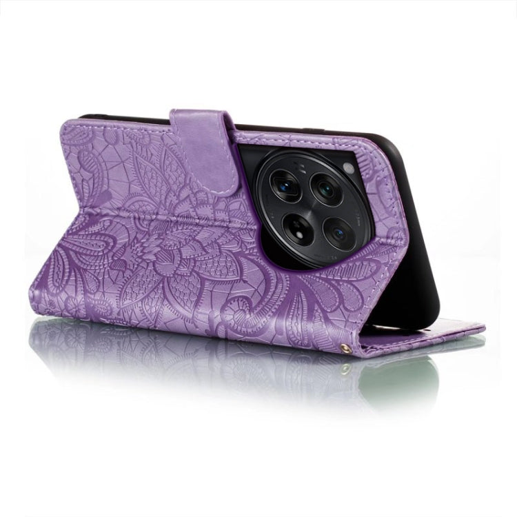 For OnePlus 12 Lace Flower Embossing Flip Leather Phone Case(Purple) - OnePlus Cases by buy2fix | Online Shopping UK | buy2fix