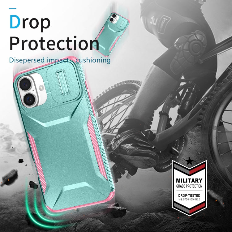 For iPhone 16 Sliding Camshield Phone Case(Grey Green + Pink) - iPhone 16 Cases by buy2fix | Online Shopping UK | buy2fix