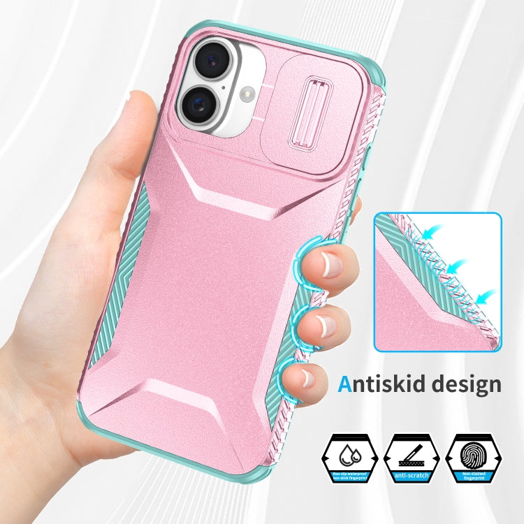 For iPhone 16 Plus Sliding Camshield Phone Case(Pink + Grey Green) - iPhone 16 Plus Cases by buy2fix | Online Shopping UK | buy2fix