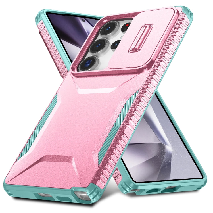 For Samsung Galaxy S25 Ultra 5G Sliding Camshield Phone Case(Pink + Grey Green) - Galaxy S25 Ultra 5G Cases by buy2fix | Online Shopping UK | buy2fix