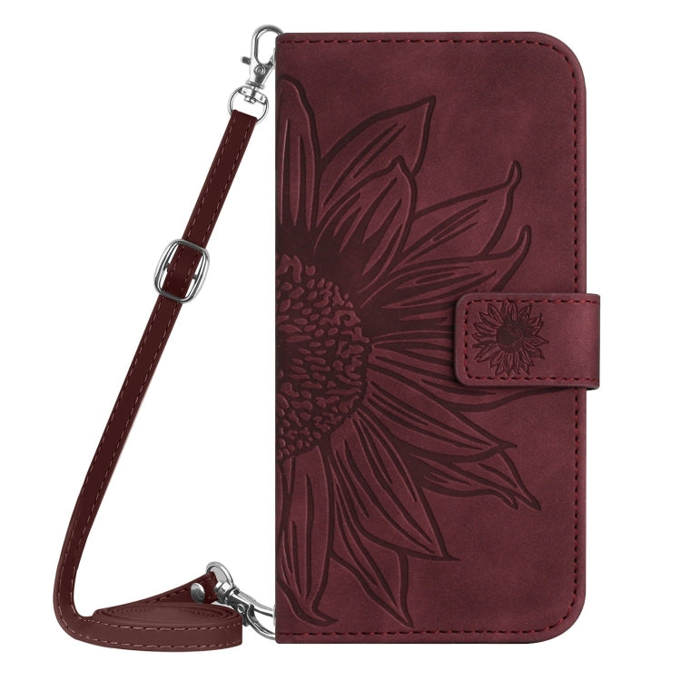 For Samsung Galaxy S25 5G Skin Feel Sun Flower Embossed Flip Leather Phone Case with Lanyard(Wine Red) - Galaxy S25 5G Cases by buy2fix | Online Shopping UK | buy2fix