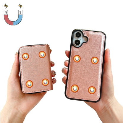 For iPhone 16 Solid Color Zipper 11-Card Slots Bag Phone Case with Lanyard(Rose Gold) - iPhone 16 Cases by buy2fix | Online Shopping UK | buy2fix