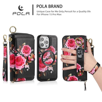 For iPhone 15 Pro Max POLA MagSafe Flower Multi-functional Zipper Wallet Leather Phone Case(Black) - iPhone 15 Pro Max Cases by buy2fix | Online Shopping UK | buy2fix