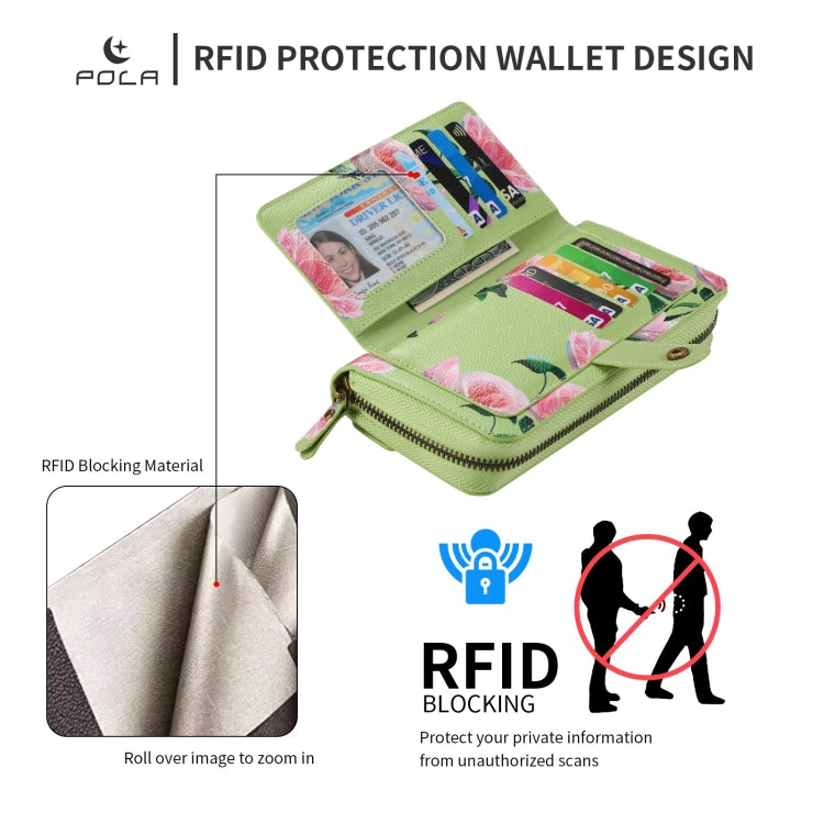 For iPhone 13 POLA MagSafe Flower Multi-functional Zipper Wallet Leather Phone Case(Green) - iPhone 13 Cases by buy2fix | Online Shopping UK | buy2fix