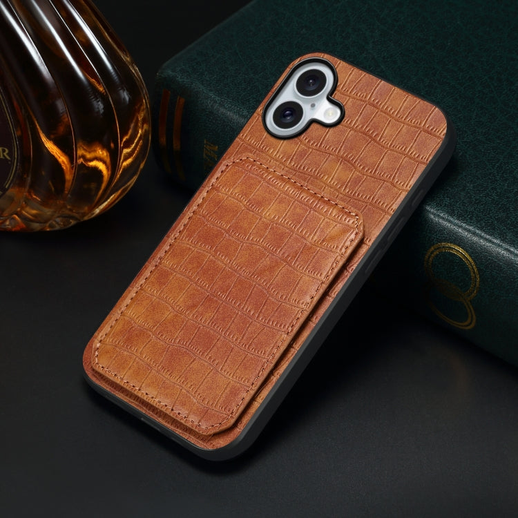 For iPhone 16 Plus Imitation Crocodile Leather Back Phone Case with Holder(Brown) - iPhone 16 Plus Cases by buy2fix | Online Shopping UK | buy2fix