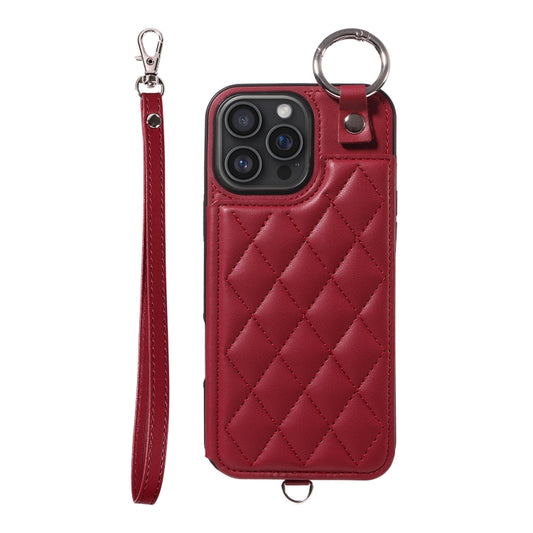 For iPhone 16 Pro Max Rhombic Texture Card Bag Phone Case with Short Lanyard(Wine Red) - iPhone 16 Pro Max Cases by buy2fix | Online Shopping UK | buy2fix