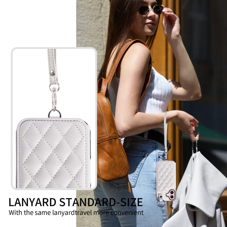 For iPhone 16 Rhombic Texture Card Bag Phone Case with Short Lanyard(White) - iPhone 16 Cases by buy2fix | Online Shopping UK | buy2fix