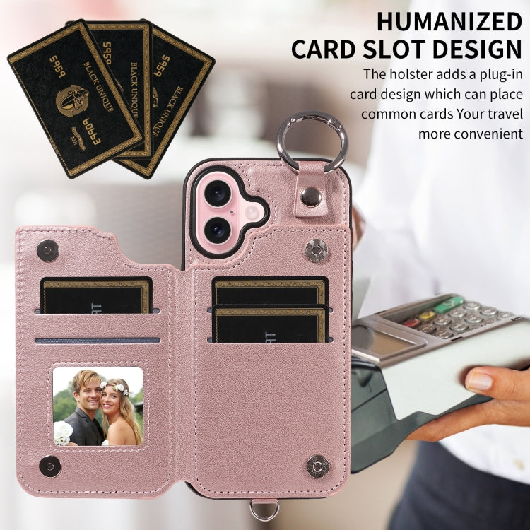 For iPhone 16 Rhombic Texture Card Bag Phone Case with Short Lanyard(Rose Gold) - iPhone 16 Cases by buy2fix | Online Shopping UK | buy2fix