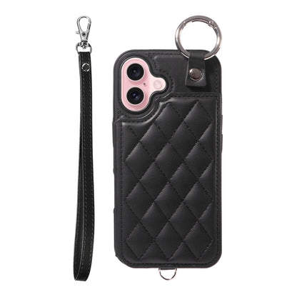 For iPhone 16 Rhombic Texture Card Bag Phone Case with Short Lanyard(Black) - iPhone 16 Cases by buy2fix | Online Shopping UK | buy2fix