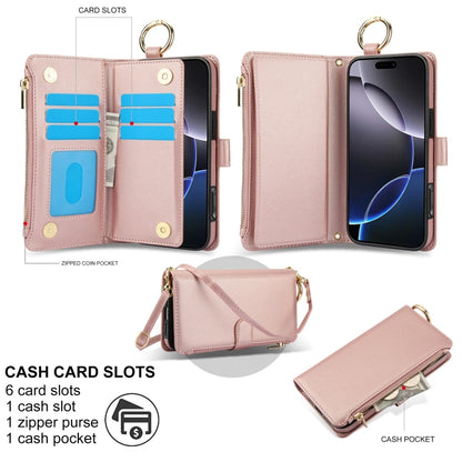 For iPhone 16 Pro Crossbody Ring Multifunctional Wallet Leather Phone Case(Rose Gold) - More iPhone Cases by buy2fix | Online Shopping UK | buy2fix