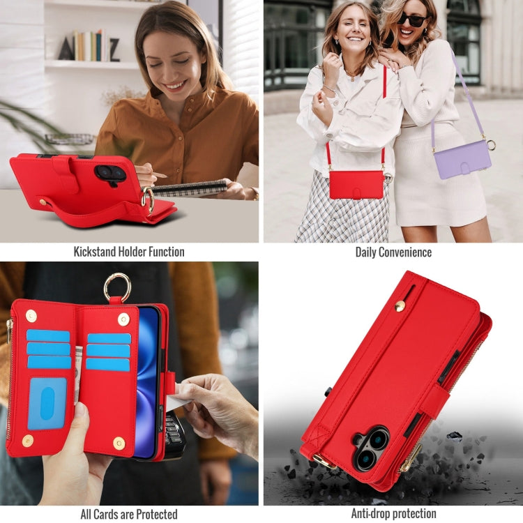 For iPhone 16 Plus Crossbody Ring Multifunctional Wallet Leather Phone Case(Red) - iPhone 16 Plus Cases by buy2fix | Online Shopping UK | buy2fix