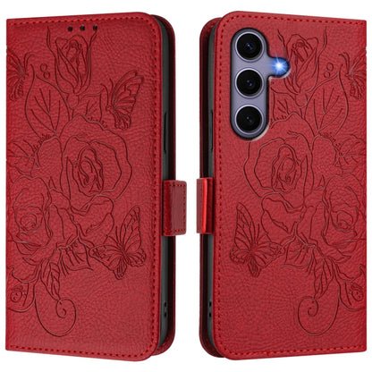 For Samsung Galaxy S25 5G Embossed Rose RFID Anti-theft Leather Phone Case(Red) - Galaxy S25 5G Cases by buy2fix | Online Shopping UK | buy2fix