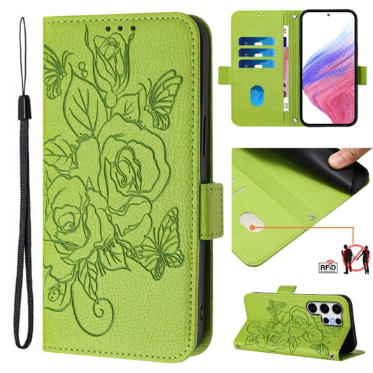 For Samsung Galaxy S25 Ultra 5G Embossed Rose RFID Anti-theft Leather Phone Case(Green) - Galaxy S25 Ultra 5G Cases by buy2fix | Online Shopping UK | buy2fix